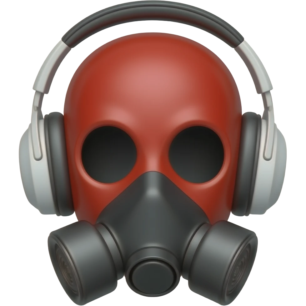 red biohazard mask with white headphones black eyes emoji