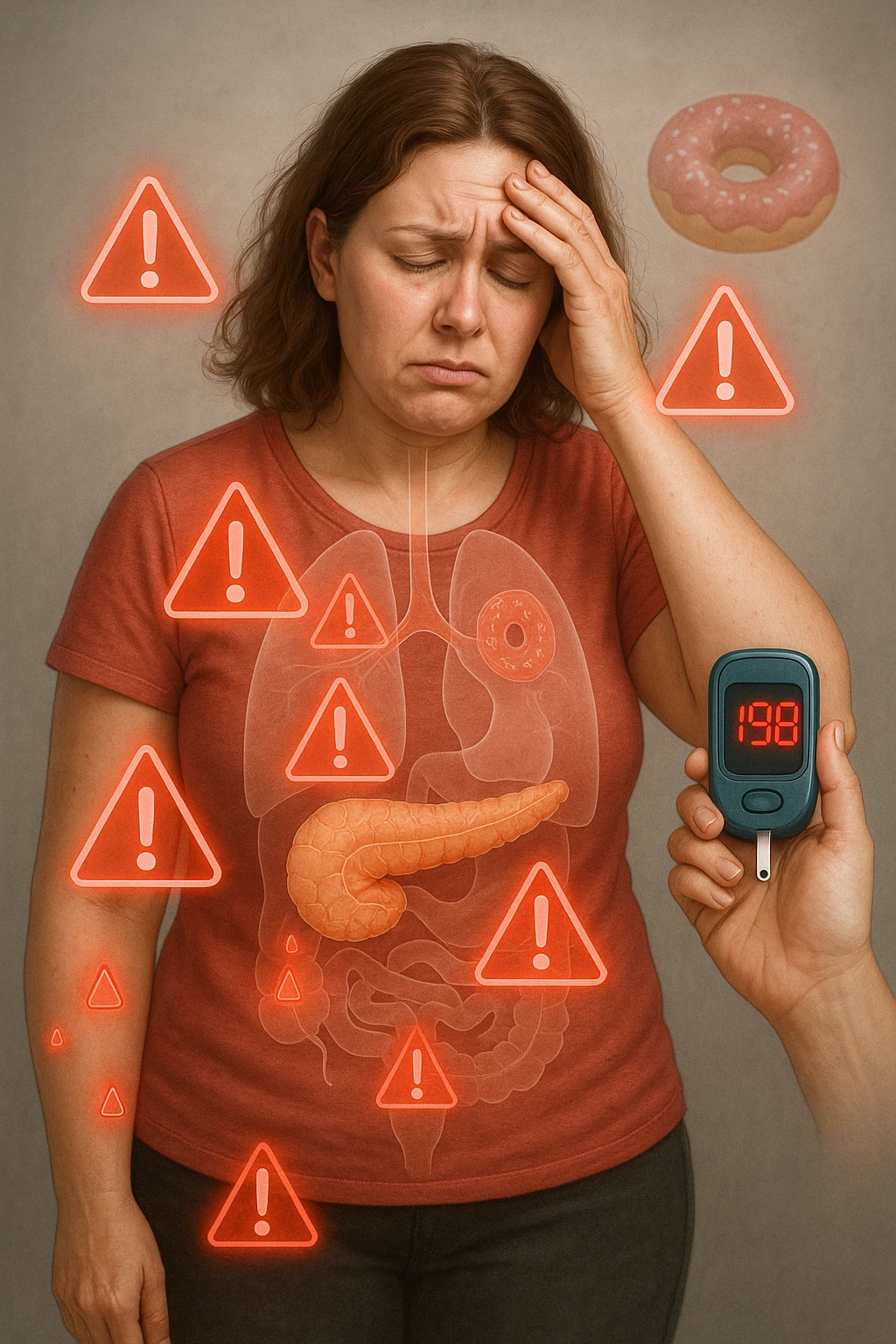 "Woman struggling with worsening insulin sensitivity, blood sugar spikes visualized as red warning signals throughout her body, expression of energy crashes and sugar cravings, pancreas working overtime shown in transparent overlay, pre-diabetic progression despite dietary efforts, metabolic syndrome symptoms accumulating, glucose meter showing increasingly concerning readings" scritte in italiano emoji