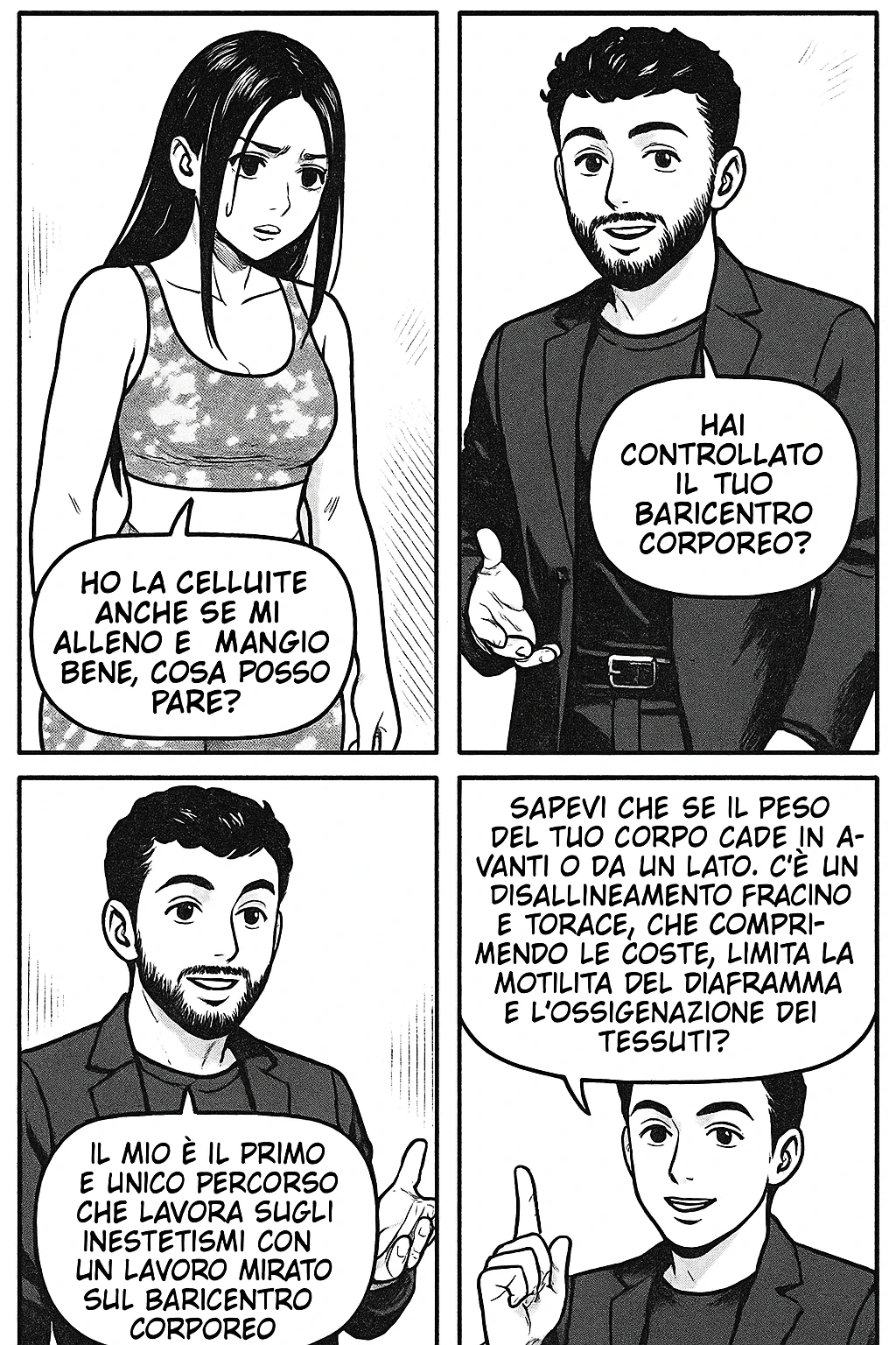 TRASFORMA QUESTO CAROSELLO IN UN FUMETTO STILE MANGA CON QUESTE DUE PERSONE IDENTICHE CHE INTERLOQUISCONO TRA LORO:

LEI: Ho la cellulite anche se mi alleno e mangio bene, cosa posso fare?

LUI: Hai controllato il tuo baricentro corporeo?
LUI: Sapevi che se il peso del tuo corpo cade in avanti o da un lato, c’è un disallineamento fra bacino e torace, che comprimendo le coste, limita la motilità del diaframma e l’ossigenazione dei tessuti?
LUI: Il mio è il primo e unico percorso che lavora sugli inestetismi con un lavoro mirato sul baricentro corporeo. emoji