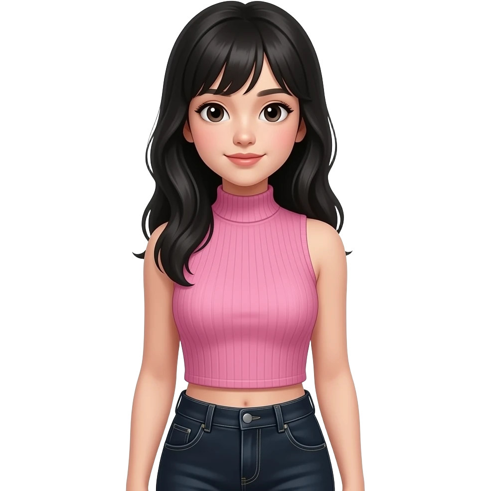 Teenage girl with long black hair wearing a pink sleeveless turtleneck top and long black jeans showing off her shoulders emoji