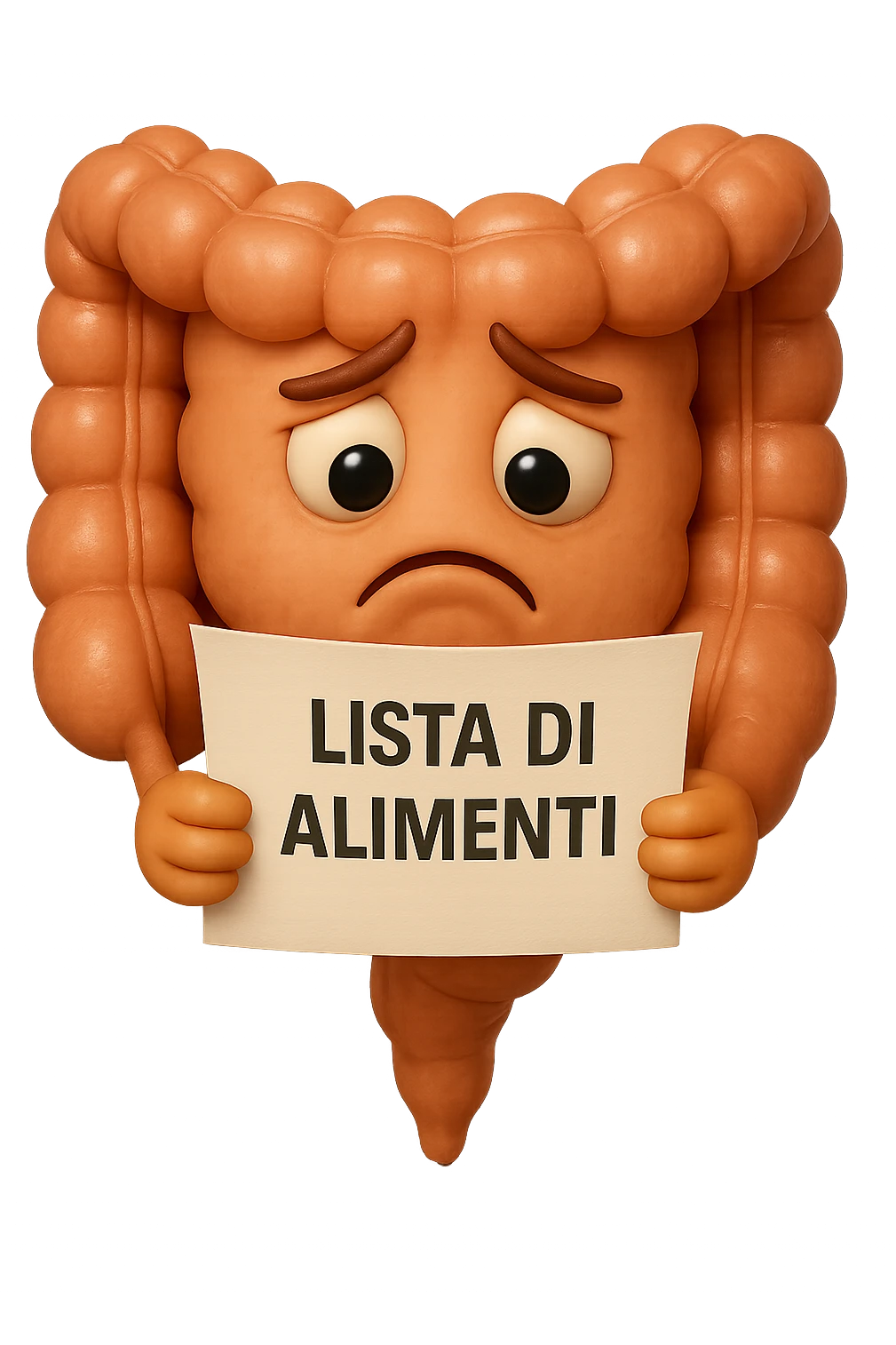 EMOJI STILE IPHONE DI UN INTESTINO CHE LEGGE UN FOGLIO CON LA SCRITTA "lista di alimenti" ed espressione triste in volto, IPERREALISTICO 4K emoji
