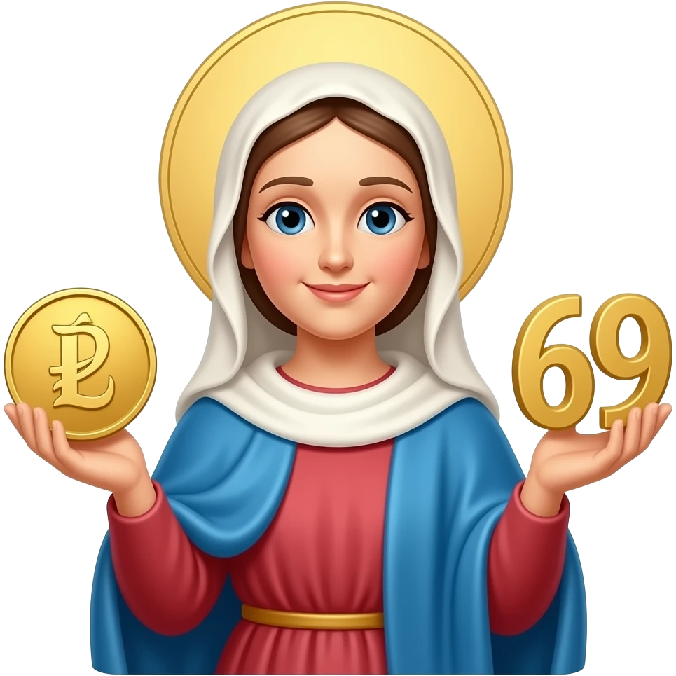 virgin marry with a polski złoty symbol coin in hands and 69 number emoji