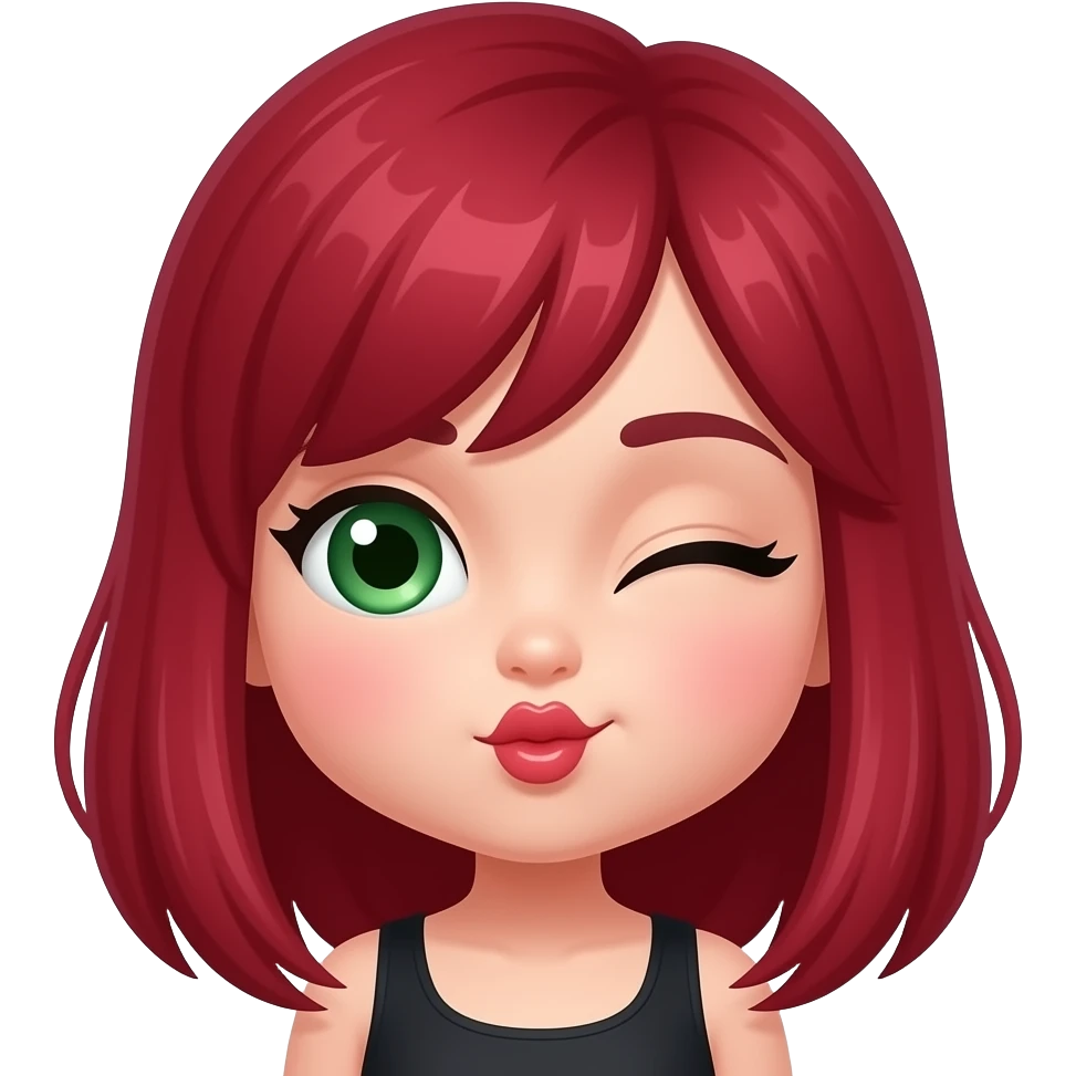 A chibi girl with ruby red hair. Green eyes. Winking and blowing kisses ruby red lips emoji