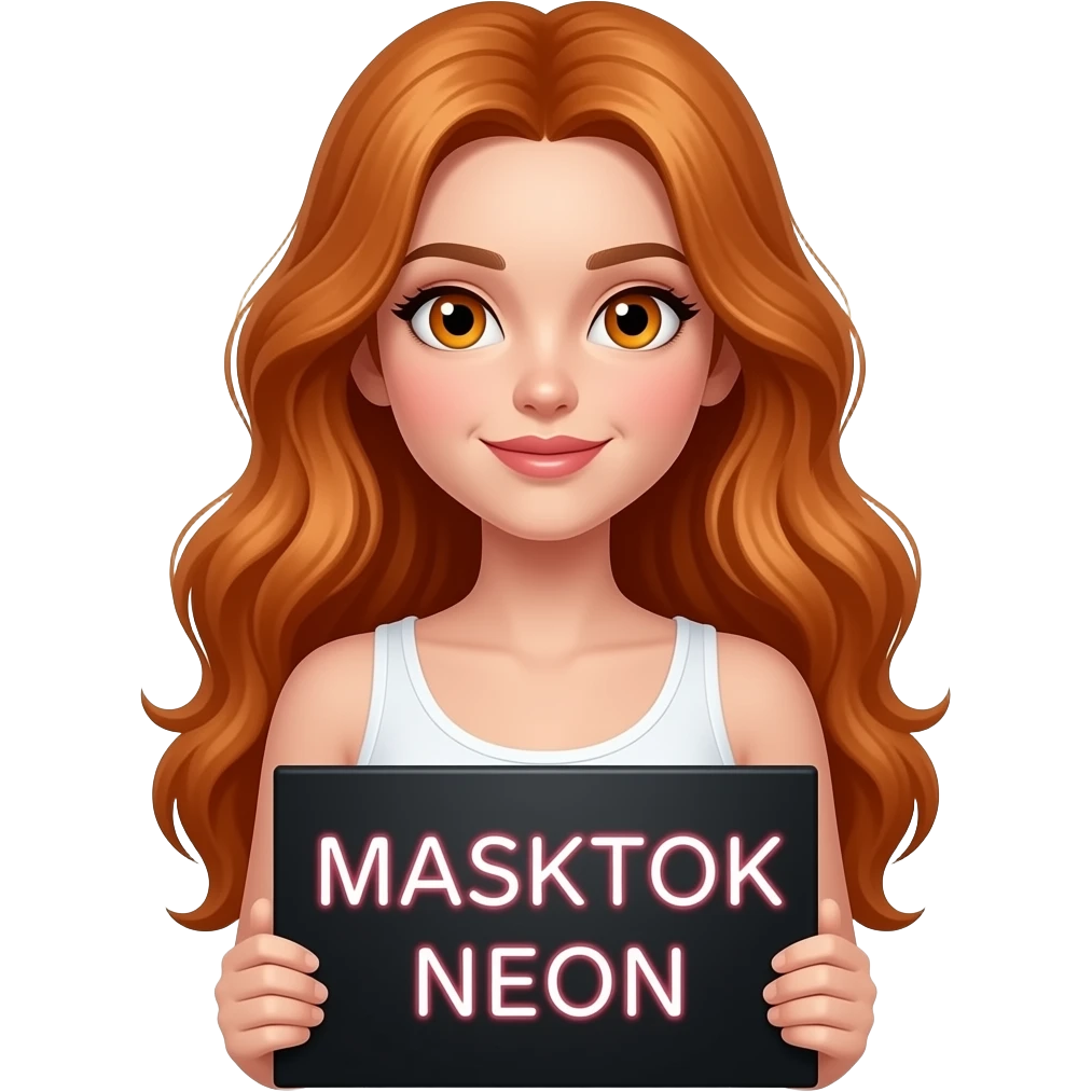 sexy girl with long wavy ginger hair and ginger eyes wearing a white tanktop is holding a black colored sign with MASKTOK NEON written on it emoji