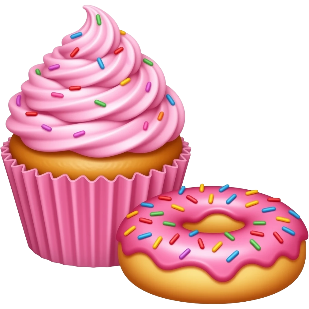 Vanilla cupcake pink frosting and Sprinkles cupcake pink paper and donut in the foreground emoji
