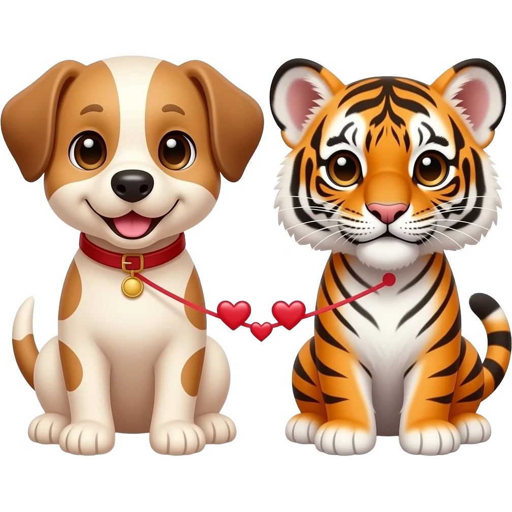 puppy dog and tiger cub with small connected love hearts in between emoji