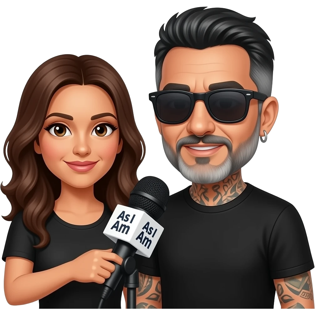 A podcast host, a handsome Latino man with medium hair, a graying beard, tattoos, hoops in his nose and ear, all in black with sunglasses, interviews a woman in front of a microphone with a logo reading "As I Am." emoji