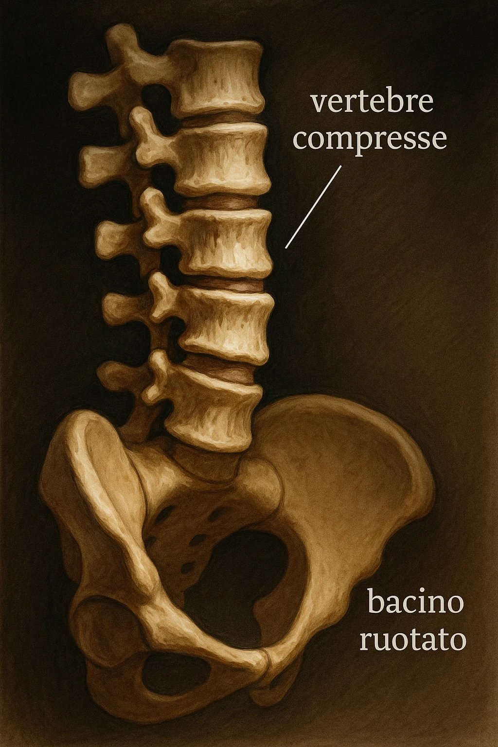 realistic anatomical illustration, exclusive focus on compressed vertebrae, lateral view, compression due to rotated pelvis, dramatic clinical lighting, Italian captions, aspect ratio 2:3 emoji