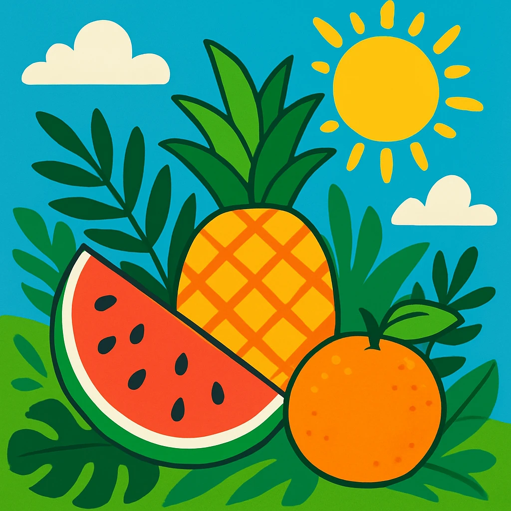summer theme with tropical fruits, watermelon, pineapple, bright colors emoji