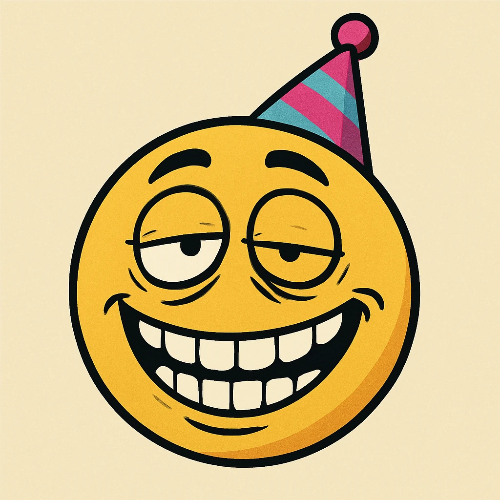 yellow face with wide grin, uneven eyes, party hat, drunk expression emoji