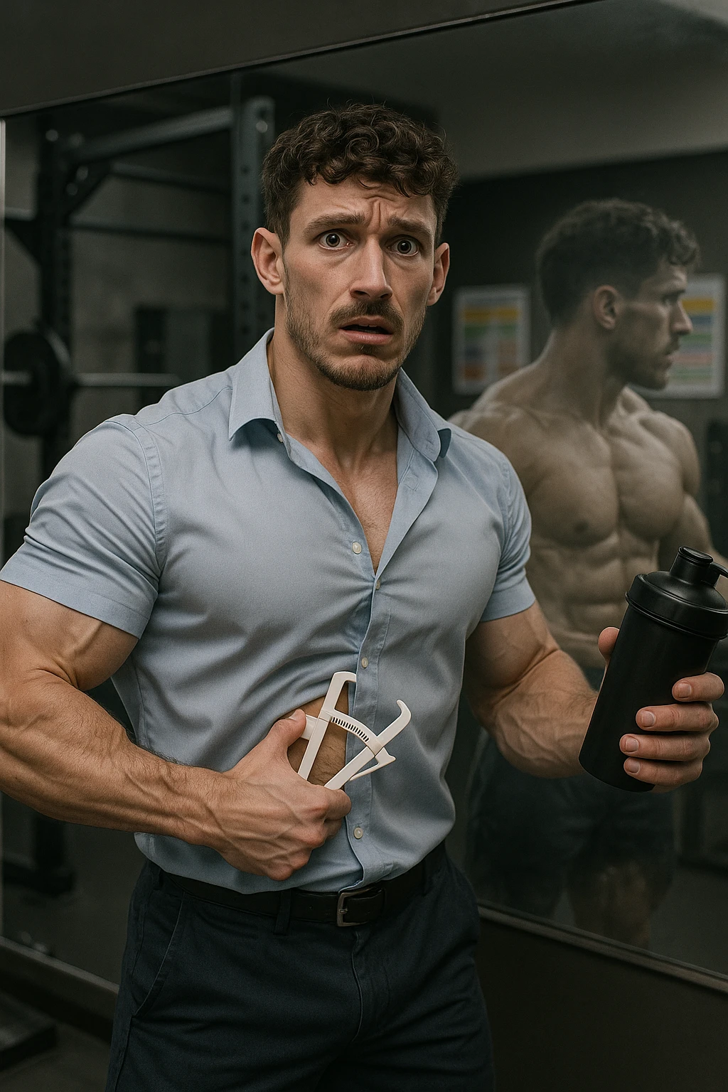 a fit man in his 30s stands in front of a gym mirror, flexing his muscles with a concerned expression. In one hand, he holds a caliper measuring his body fat, while in the other, a protein shaker. Reflected in the mirror, his muscular physique appears slightly faded around the edges, symbolizing his fear of losing muscle. The background shows gym equipment and nutrition charts, emphasizing his focus on definition. emoji