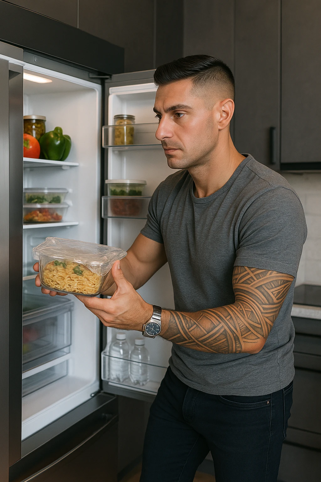 Uomo che mette nel frigo il suo pasto cucinato emoji