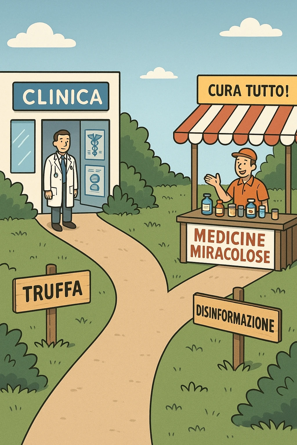 two paths diverge—one leads to a trustworthy clinic with doctors and scientific posters, the other to a shady stand selling “miracle” medicines with exaggerated claims. Signs along the second path warn of scams and misinformation. The scene encourages viewers to choose reliable, science-based healthcare. in italiano emoji
