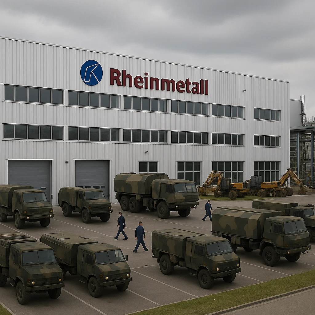 Realistic Rheinmetall factory exterior, large industrial building with Rheinmetall logo, factory grounds with machinery and equipment, realistic lighting and shadows, industrial atmosphere, camouflage colors, focus on the factory building in camouflage colors emoji
