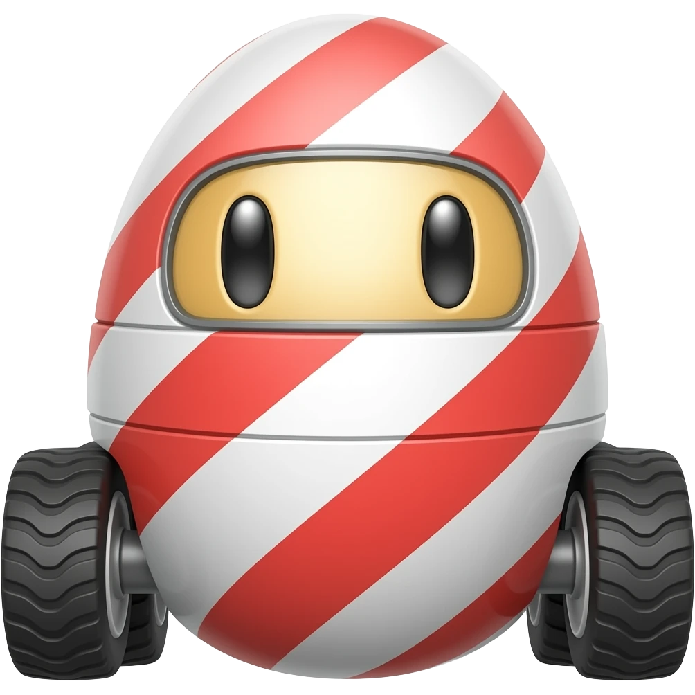 Egg shaped white & red stripe wheeled robot with milimastic food design emoji