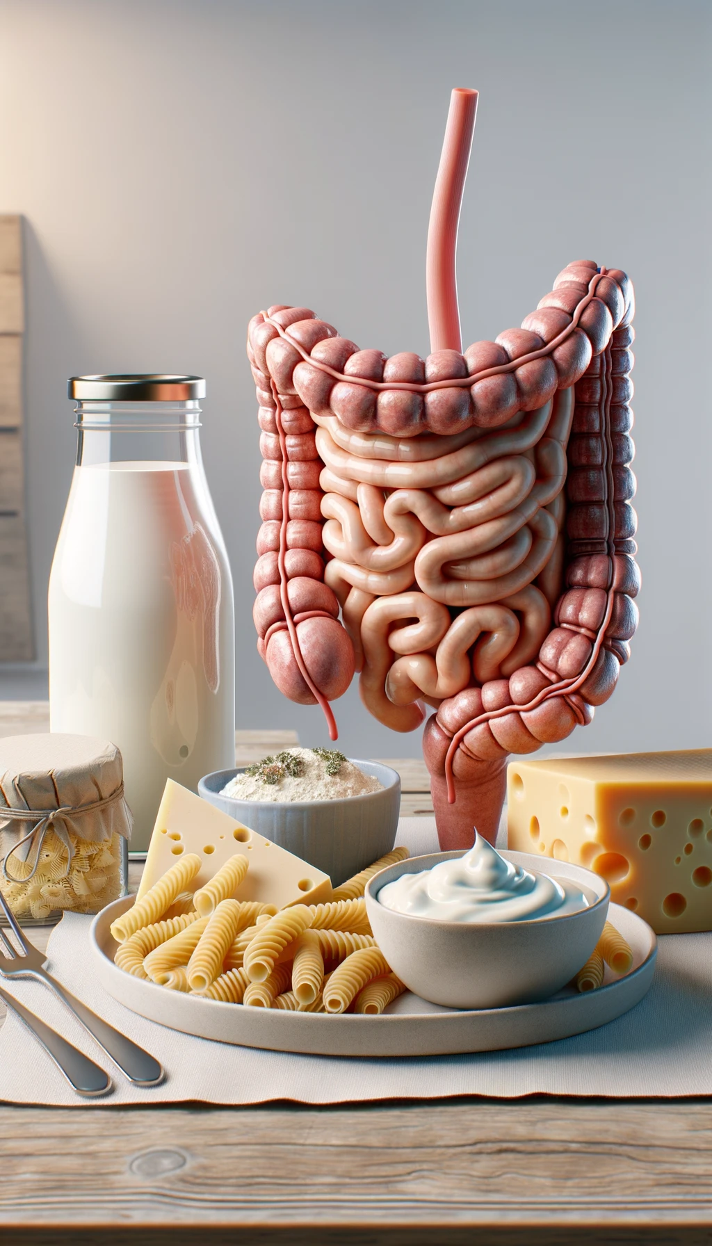 su un tavolo ci sono yogurt, formaggi, pasta, insieme ad un intestino umano anatomico, iperrealistico 4k, SFONDO CHIARO emoji
