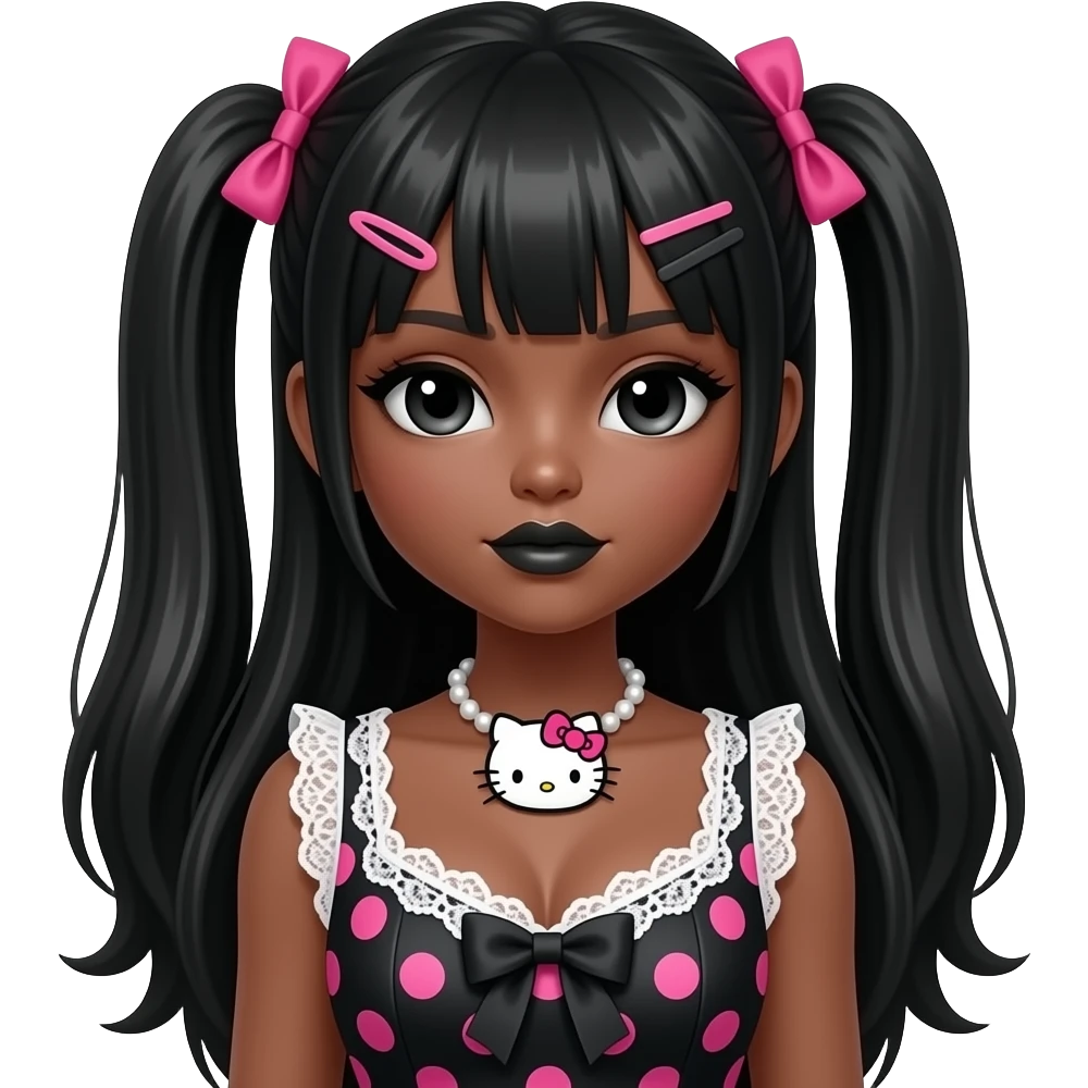 my melody hairclip, dark brown skin, Doll faced shaped, hello kitty necklace, bimbo, black doll eyes, Big lips, long black hair, with white or black lace pink polka dots with gyaru sleeveless shirt, with hime gyaru bows, big breast emoji
