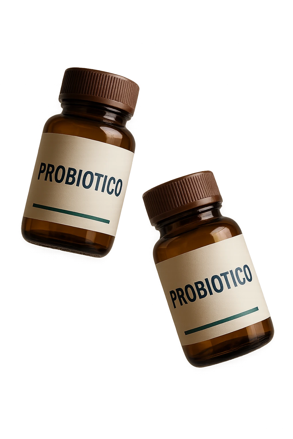 due boccette di integratori con la scritta "PROBIOTICO" SULL'ETICHETTA, FLUTTUANO IN ARIA, realistica 4k emoji
