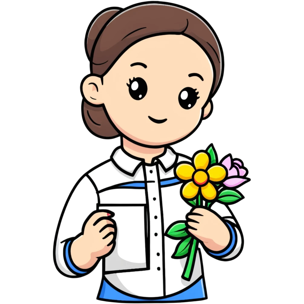 Ukrainian young girl in white embroidered shirt holding colored paper and a flower emoji