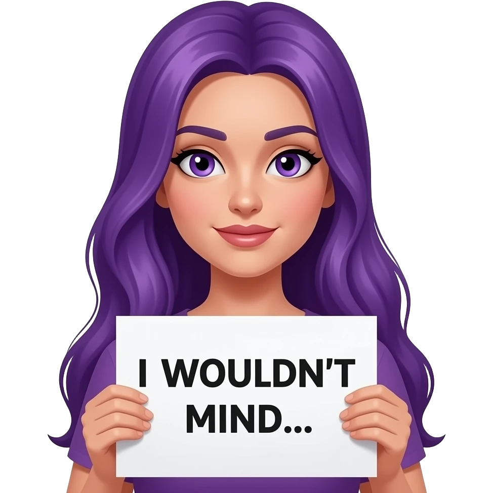 sexy girl with long purple hair and purple eyes holding a I WOULDN'T MIND... sign emoji
