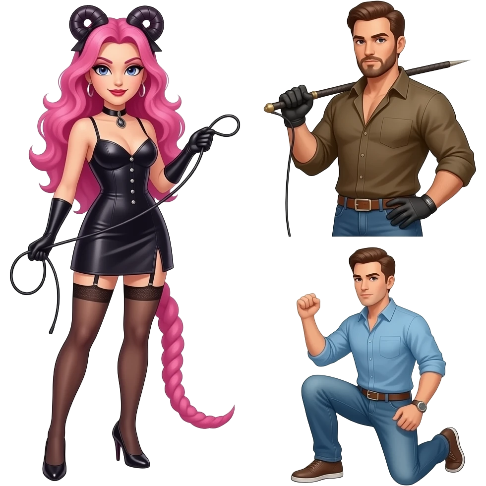 Una dominatrice con i capelli rosa con la frusta, un dominatore con una frusta, e un uomo inginocchiato emoji