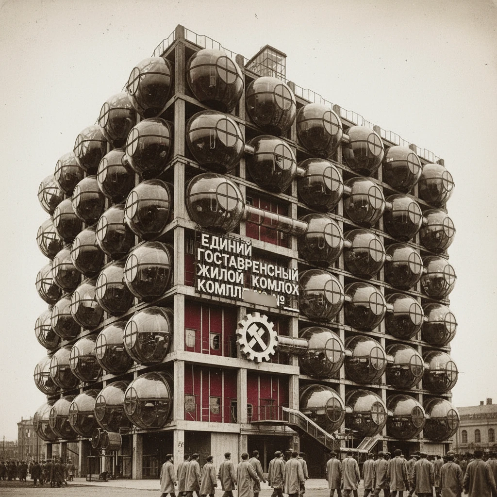 Капсульный дом-коммуна конструктивизм 1920-е годы из произведения "Мы" Замятина 

Архивное фото 

 emoji