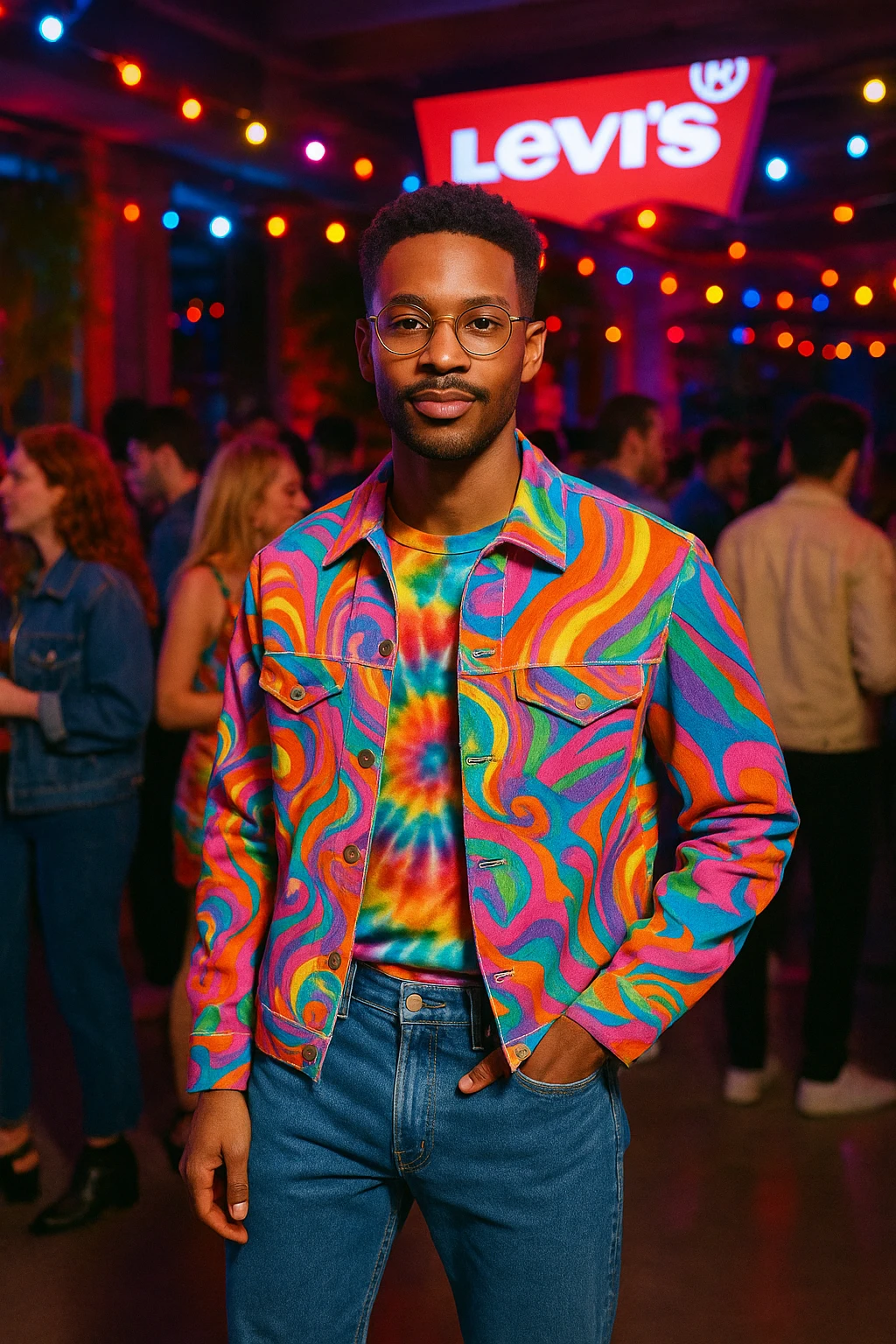 A stylish man in mesmerizing, colorful clothing at a Levi's party, incorporating denim jeans and a fun, social setting. emoji