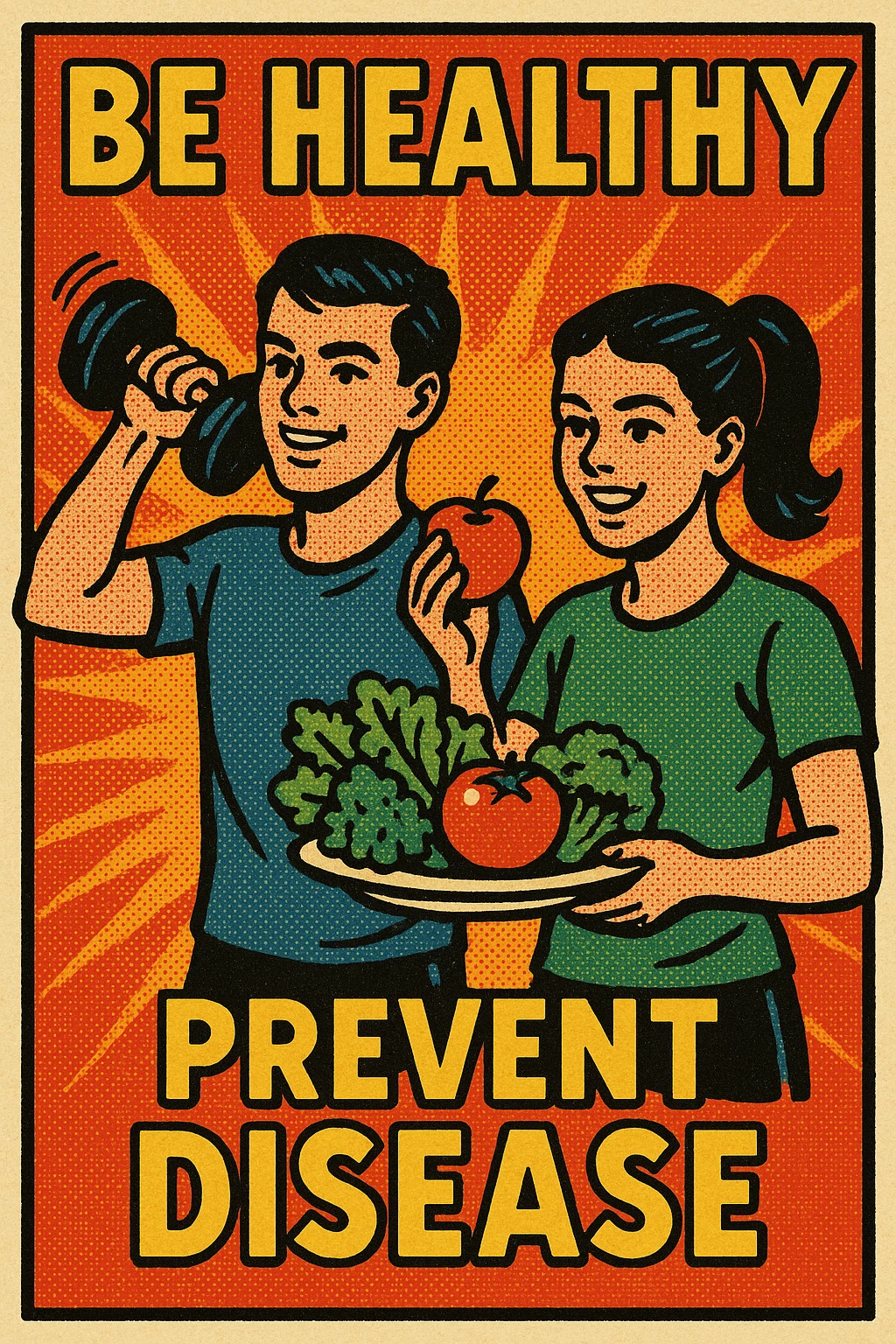 A campaign poster titled 'Be Healthy Prevent Disease' with an image of two teenagers exercising and eating healthy foods emoji
