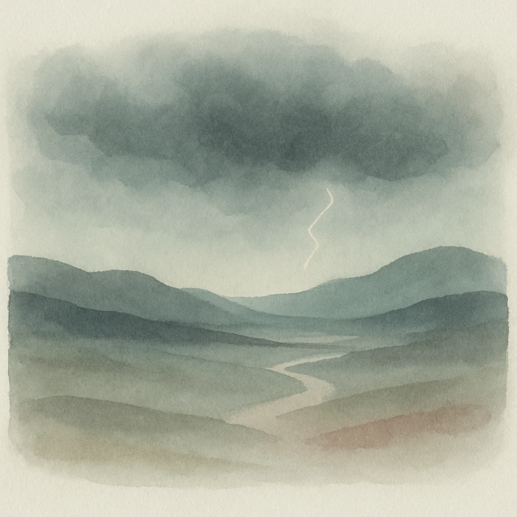 dark landscape painting, desolate valley, distant lightning, heavy clouds, expressive brushstrokes emoji