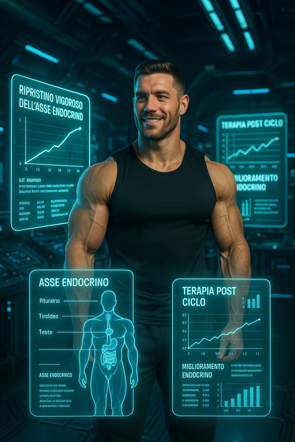 "Un uomo bodybuilder (30-35 anni) in un laboratorio biohacker futurista, circondato da ologrammi che mostrano il ripristino vigoroso del suo asse endocrino dopo una PCT di successo. in italiano emoji