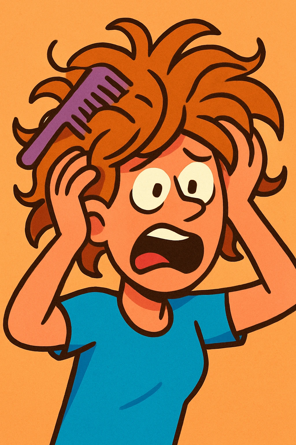 person with tangled hair and a comb stuck in it exaggerated expression vibrant toon style emoji