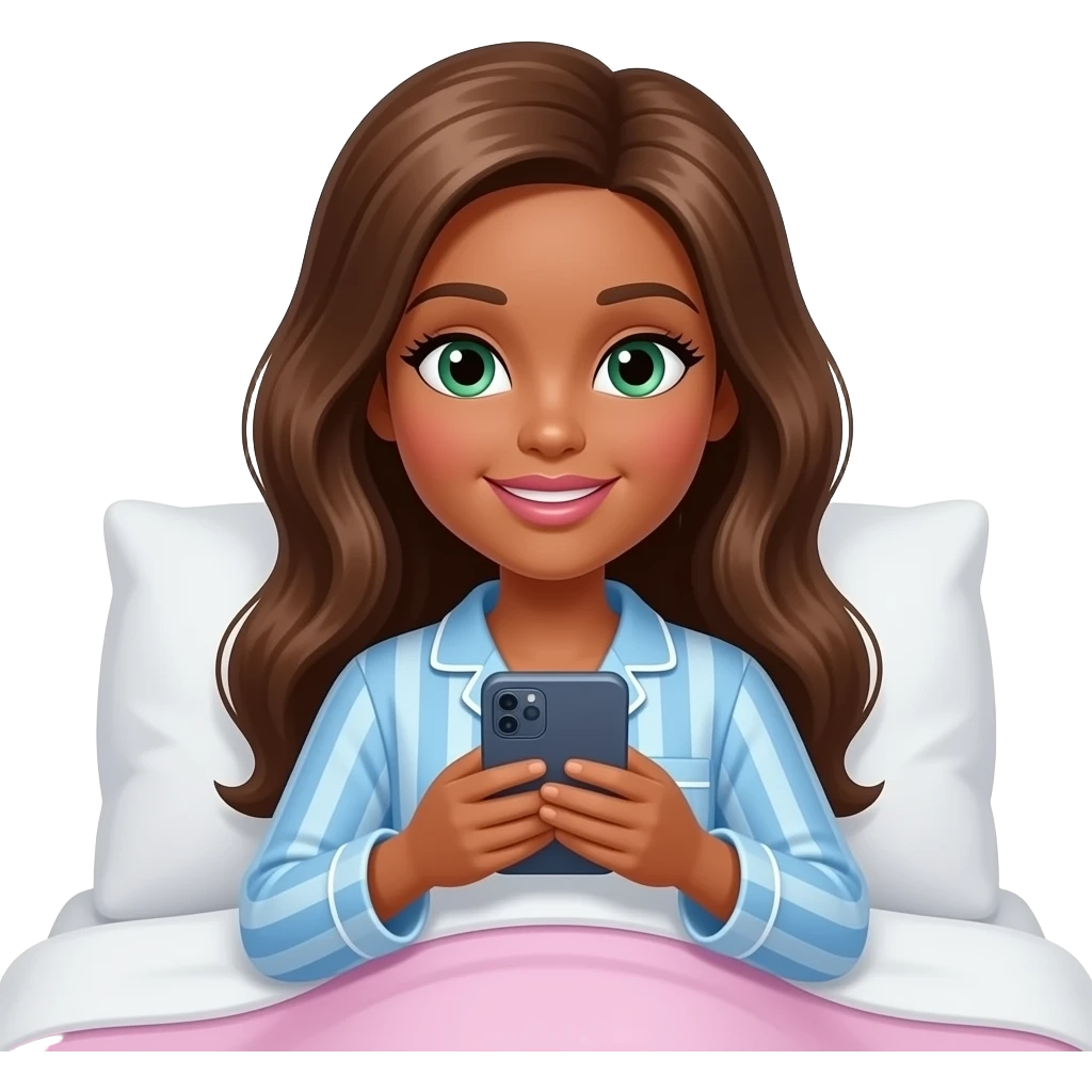 Brown skin brown hair green eyes Barbie in pajamas in bed scrolling on phone emoji