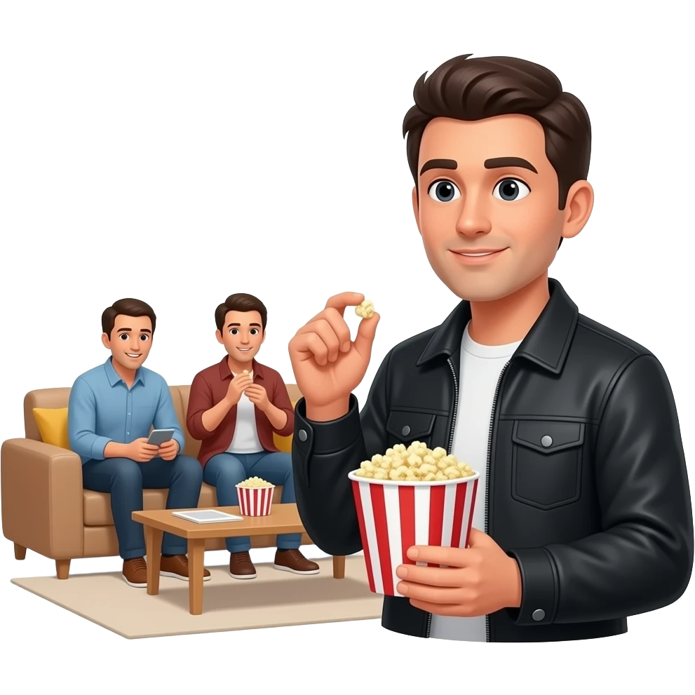 Un homme qui écoute des personnes débattre avec attention en mangeant du pop corn emoji