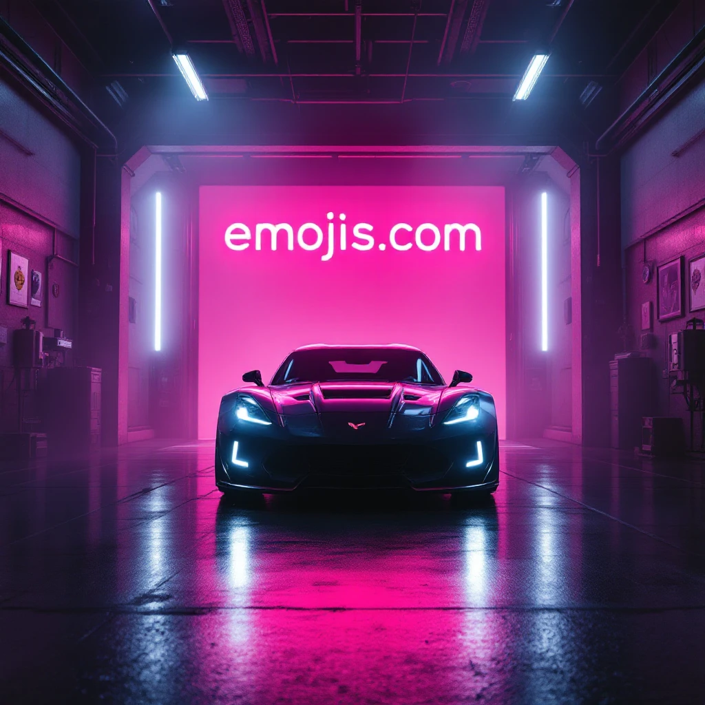 Cinematic still of a futuristic car parked front to camera inside neon garage with led behind saying "emojis.com", room fill with haze, very detailed and futuristic ,inspired by cyberpunk 2077 emoji