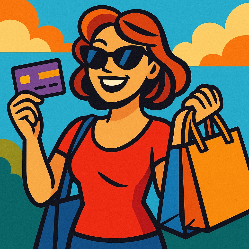 light skin woman with sunglasses, holding a credit card and shopping bags, vibrant toon style emoji