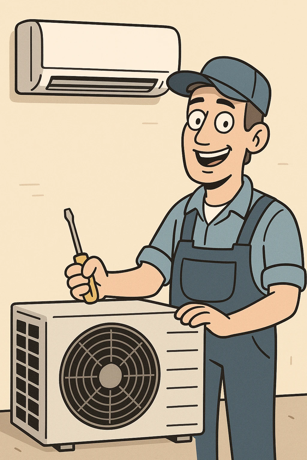 air conditioning technician smiling, standing next to air conditioner, minimal, approachable emoji