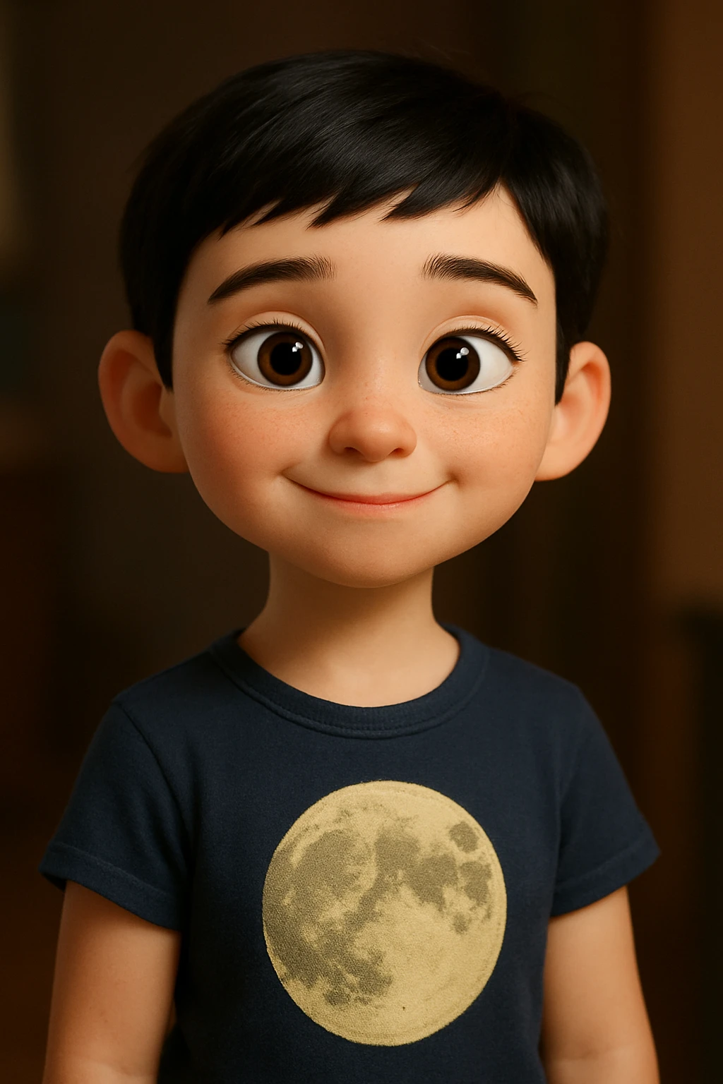 Pixar animation style girl with white skin, very short black hair, wearing a t-shirt with a moon drawing emoji