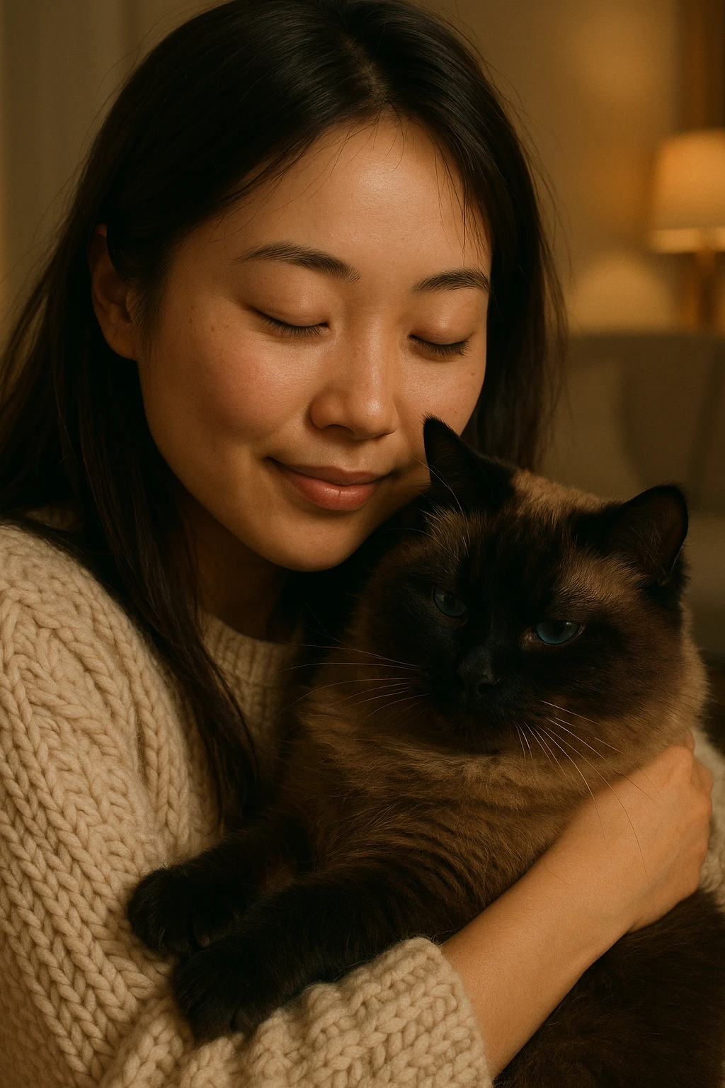 Asian girl hugging her dark fluffy Siamese cat, warm and affectionate, detailed facial expressions, cozy atmosphere emoji