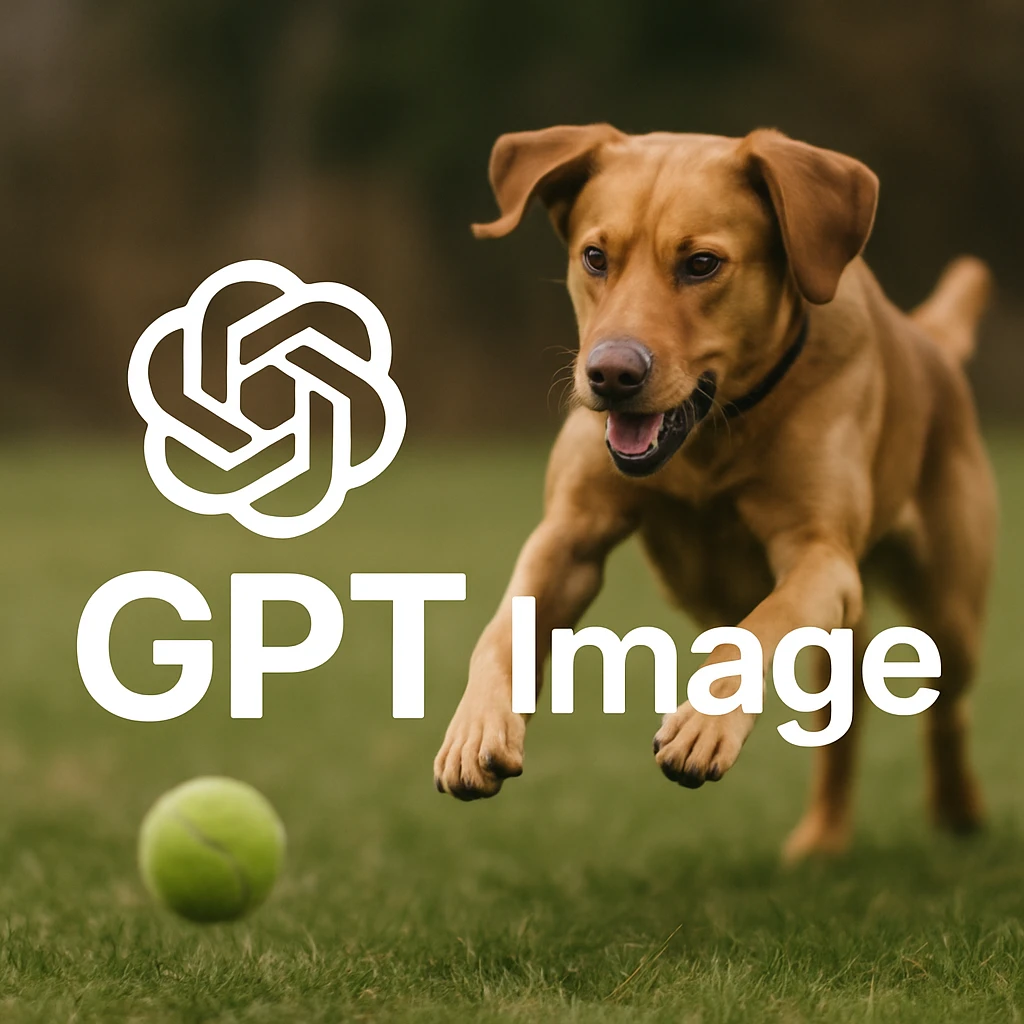  logo of chat gpt with text "GPT Image" on the background of a dog chasing ball, realistic image emoji