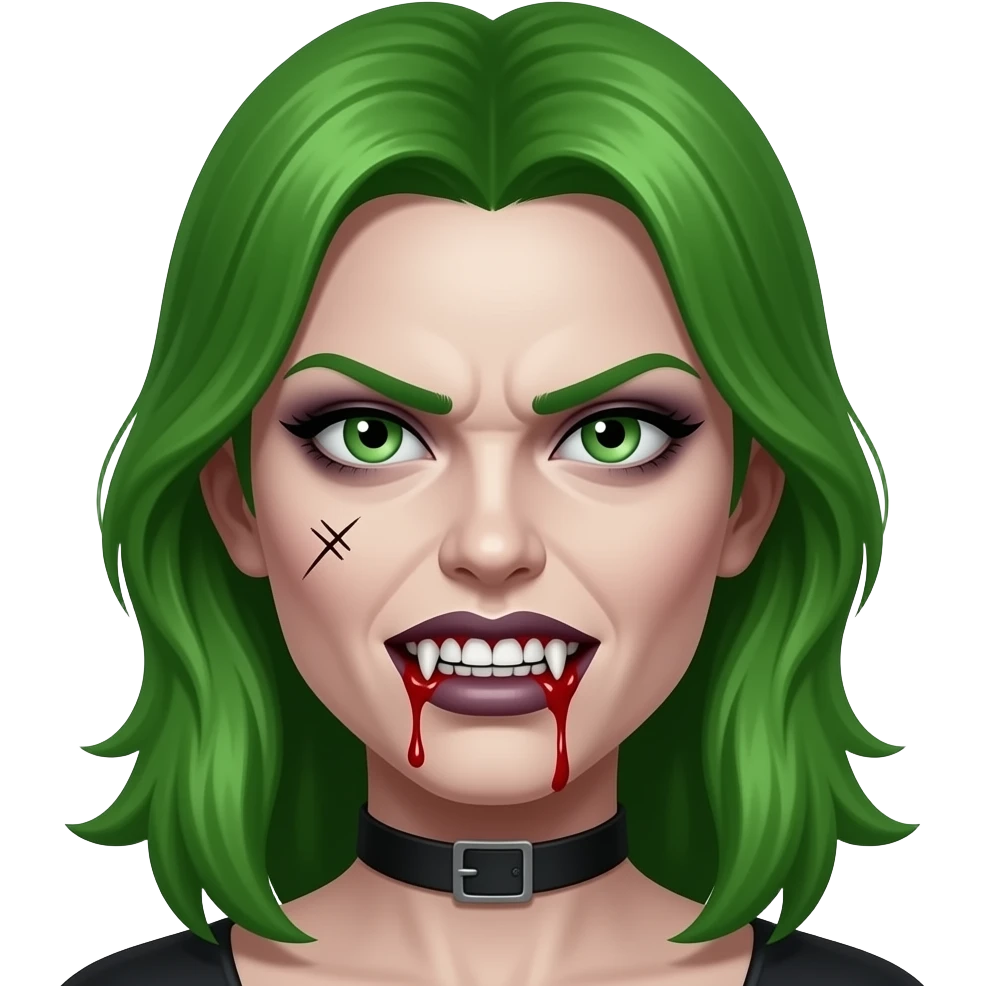 green hair angry women Vampire , scratch in face, blood teeth emoji