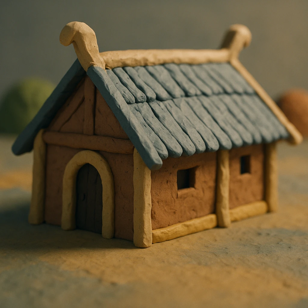 claymation style Anglo-Saxon longhouse, no text emoji