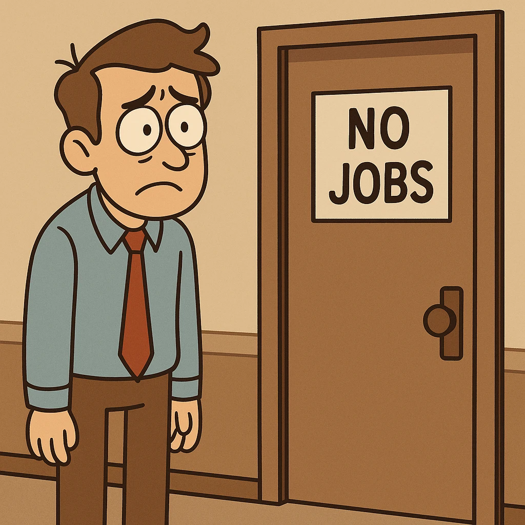a flat toon man with a worried expression, standing next to a closed office door labeled 'no jobs' emoji
