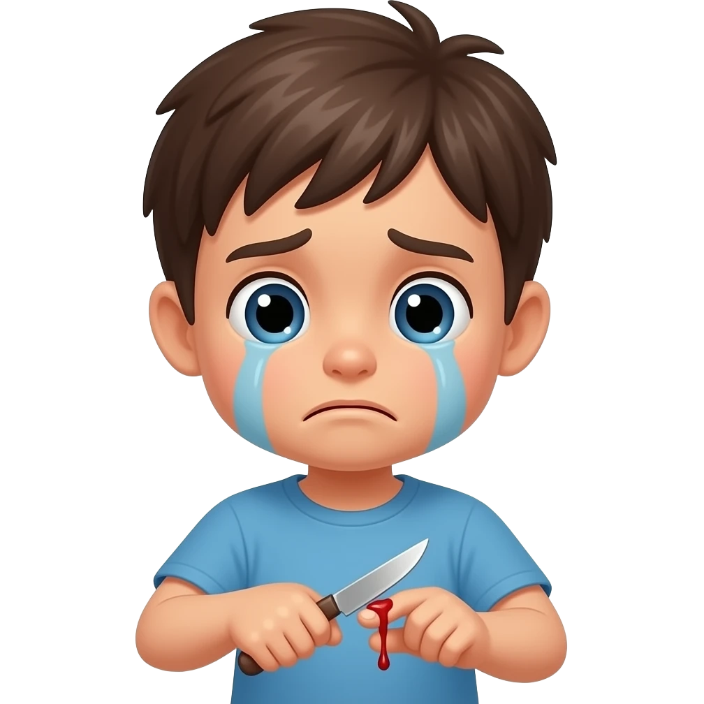 A sad kid cutting his finger, a little amount of blood on the finger emoji