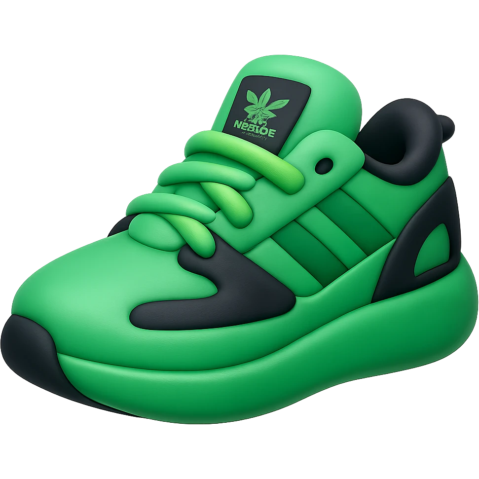 Transform this green sneaker into a 3D emoji style with a simplified and rounded design. Make it playful and vibrant while keeping the main green and black color scheme. No background. emoji