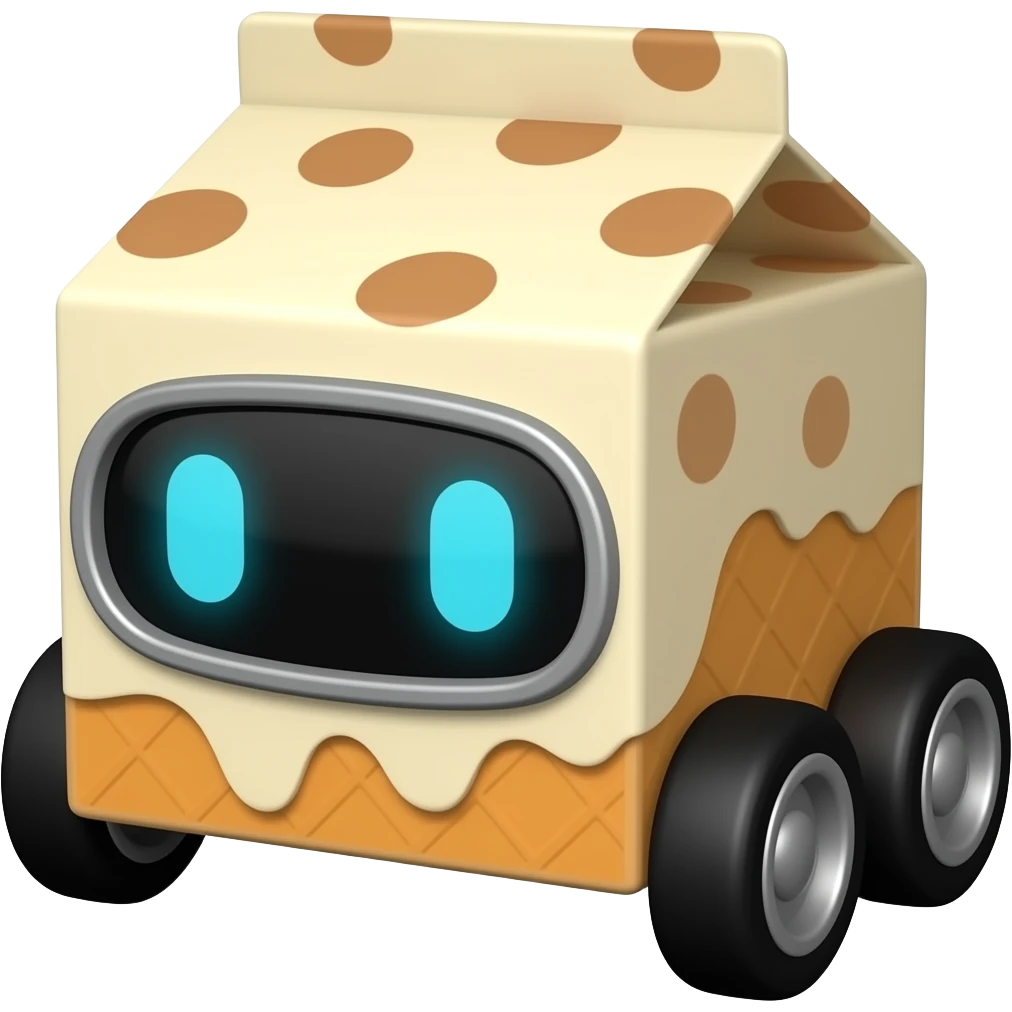 Ice cream box with medium wheels with robot eyes on the front emoji