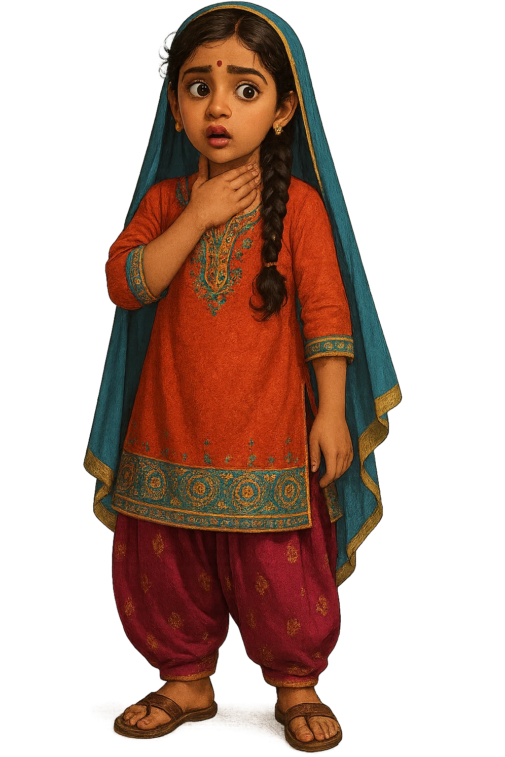 A girl in traditional desi attire holding her own neck, expressive, detailed clothing, vibrant colors, full body, no background emoji