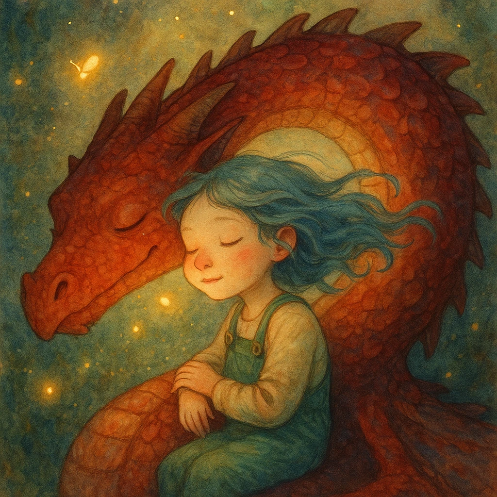 A dreamy, ethereal illustration of a young girl peacefully sleeping on the long, curved neck of a red dragon, cheek to cheek. Her blue hair flows gently as if caught in a soft breeze, and she wears delicate green overalls. The dragon’s skin has intricate, painterly textures, glowing subtly under the warm, golden light. Tiny fireflies and soft, ambient light enhance the magical atmosphere. Highly detailed, whimsical, children's book illustration style, with soft yet rich colors, gentle lighting, and a fantasy storytelling feel. Watercolor-like textures, hand-painted aesthetics, cinematic composition. emoji
