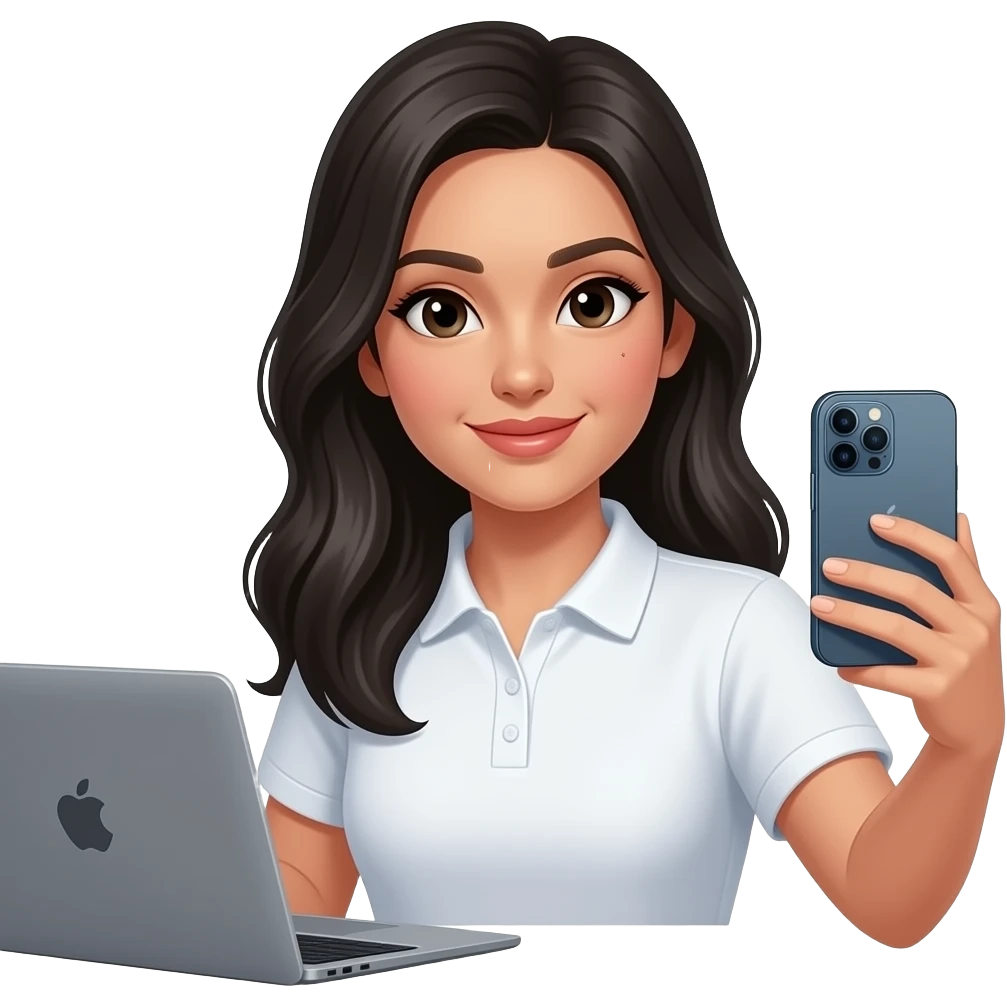 Mujer con cabello largo negro lacio con ligeras ondas, de piel normal NO morena, es importante con un lunar en el cachete derecho, con ojos negros, grabandose a ella misma y mirando el iphone 15 pro y una mackbook a su lado, con polo blanco emoji