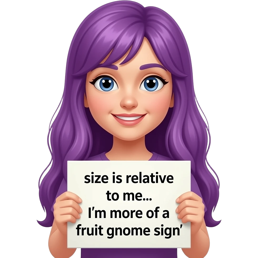 girl with long purple hair holding a SIZE is relative to me... I'm more of a FRUCHTZWERG sign emoji