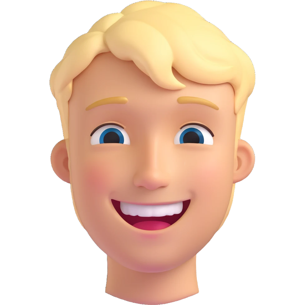 Create a 3D cartoon style memoji of a smiling blond young man with tears of joy, matching the style of the reference image. emoji